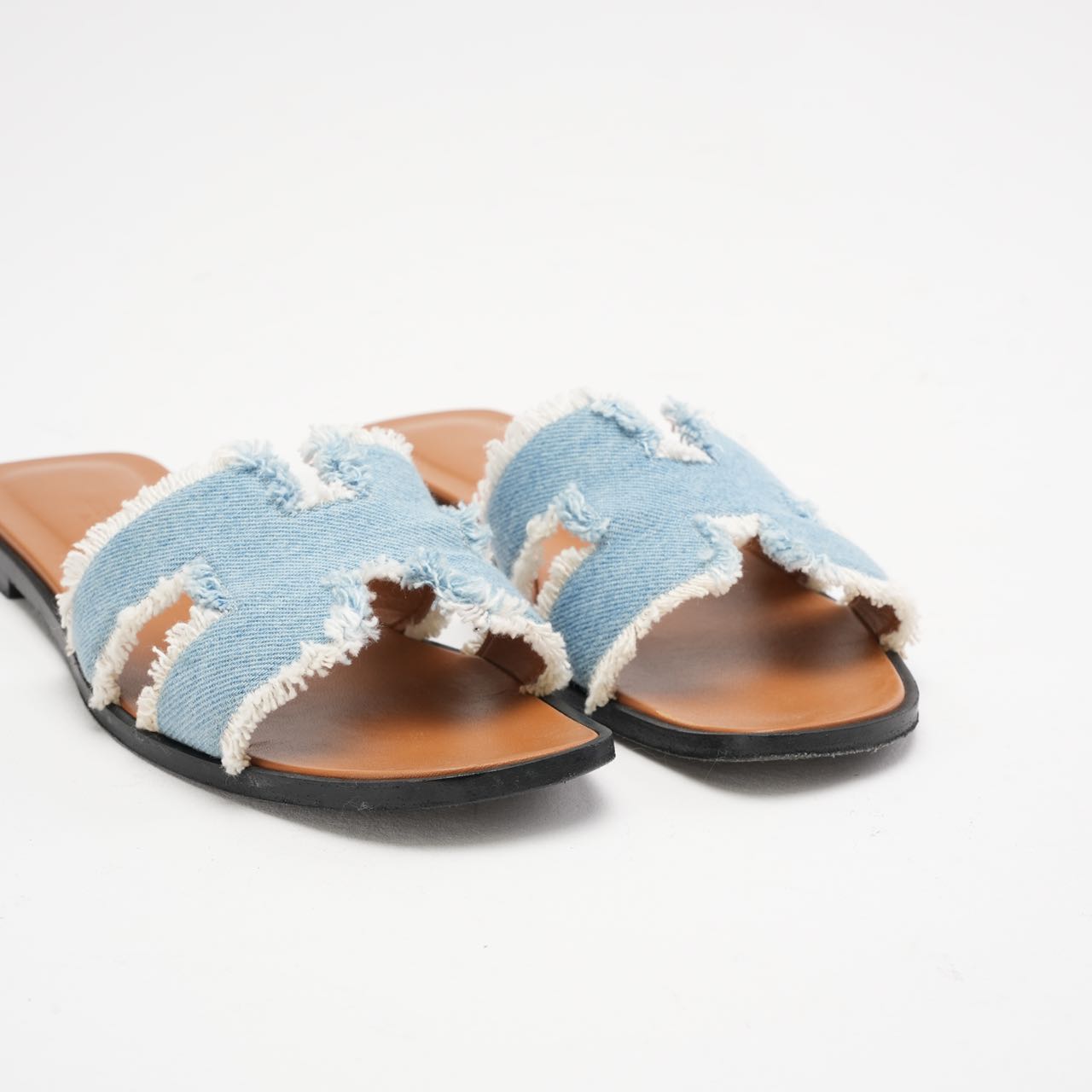 Hermes Blue Clair Denim Oran Fringe Sandals Size 38.5