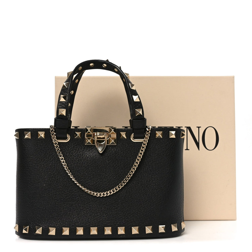 Grainy Calfskin Mini Rockstud Shopping Bag Black