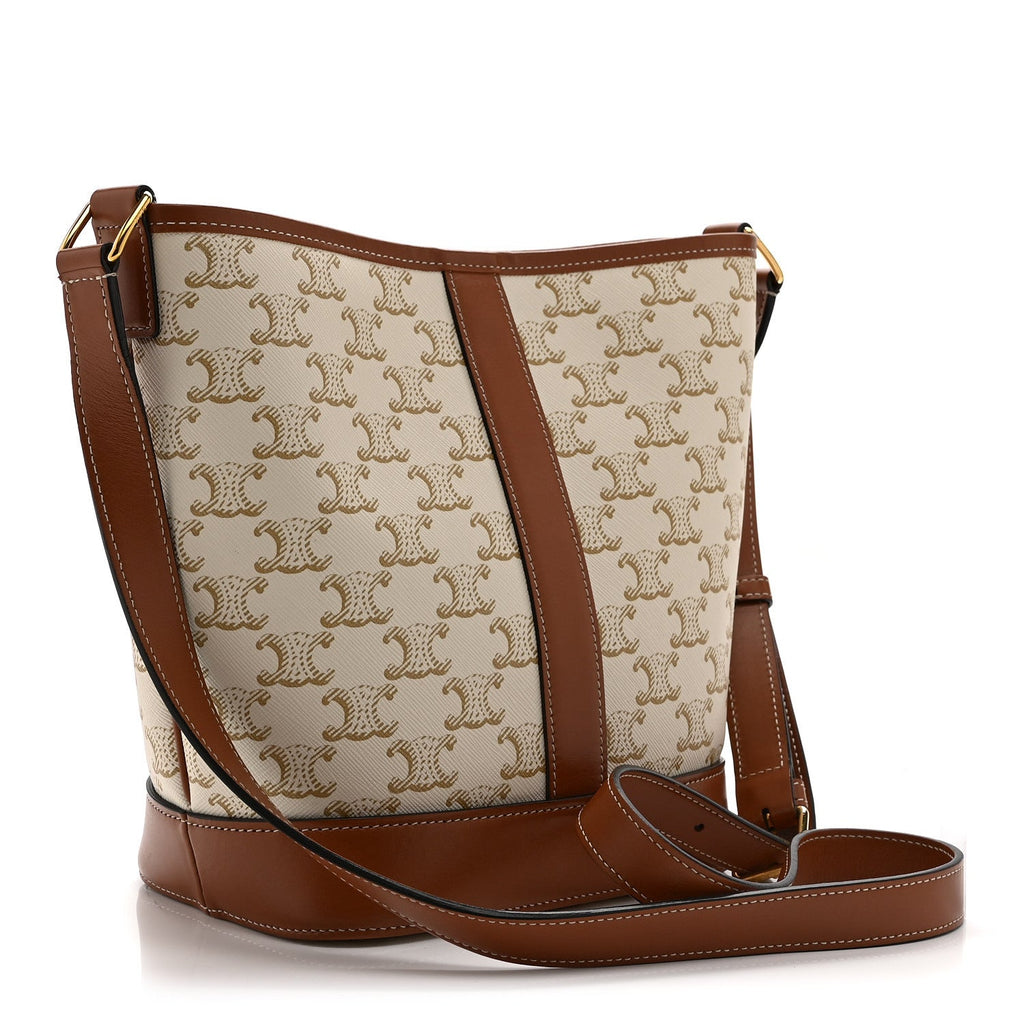 Triomphe Canvas Calfskin Small Bucket Bag White
