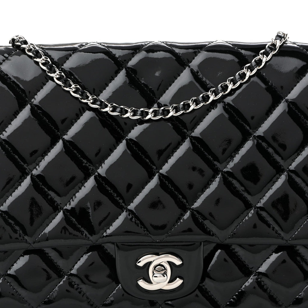 Patent Quilted Clutch with Chain Flap Black