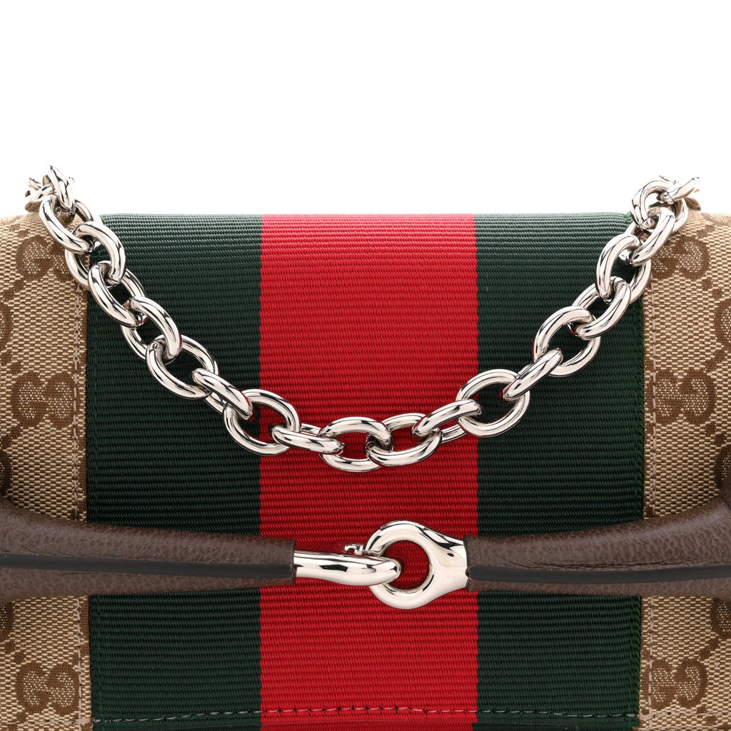 Monogram Textured Dollar Calfskin Heavy Grosgrain Web Medium Maxi Horsebit Chain Shoulder Bag Beige Ebony New Acero
