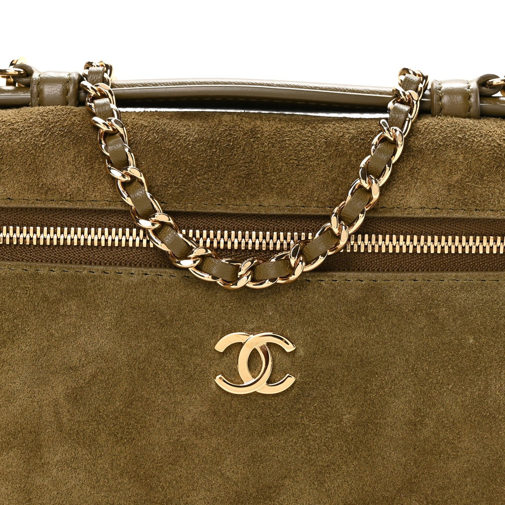 Suede Calfskin Top Handle Slim Vanity Case With Chain Dark Khaki