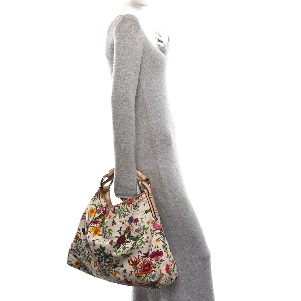 Canvas Flora Floral Large Horsebit Chain Hobo White