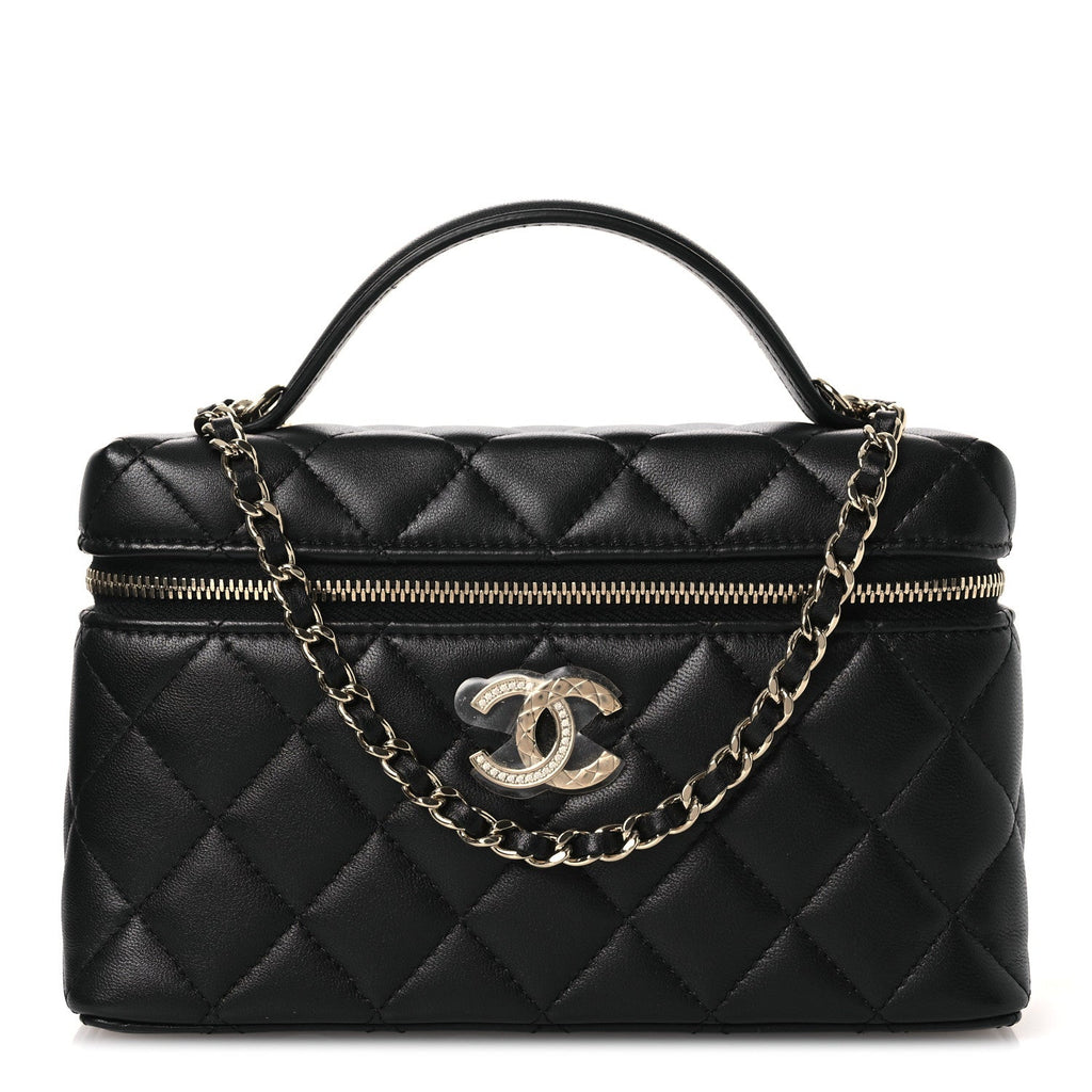 Lambskin Quilted Crystal CC Top Handle Slim Vanity Case With Chain Black