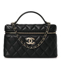 Lambskin Quilted Crystal CC Top Handle Slim Vanity Case With Chain Black