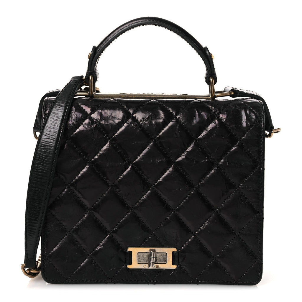 Glazed Calfskin Quilted Rita Top Handle Flap Black