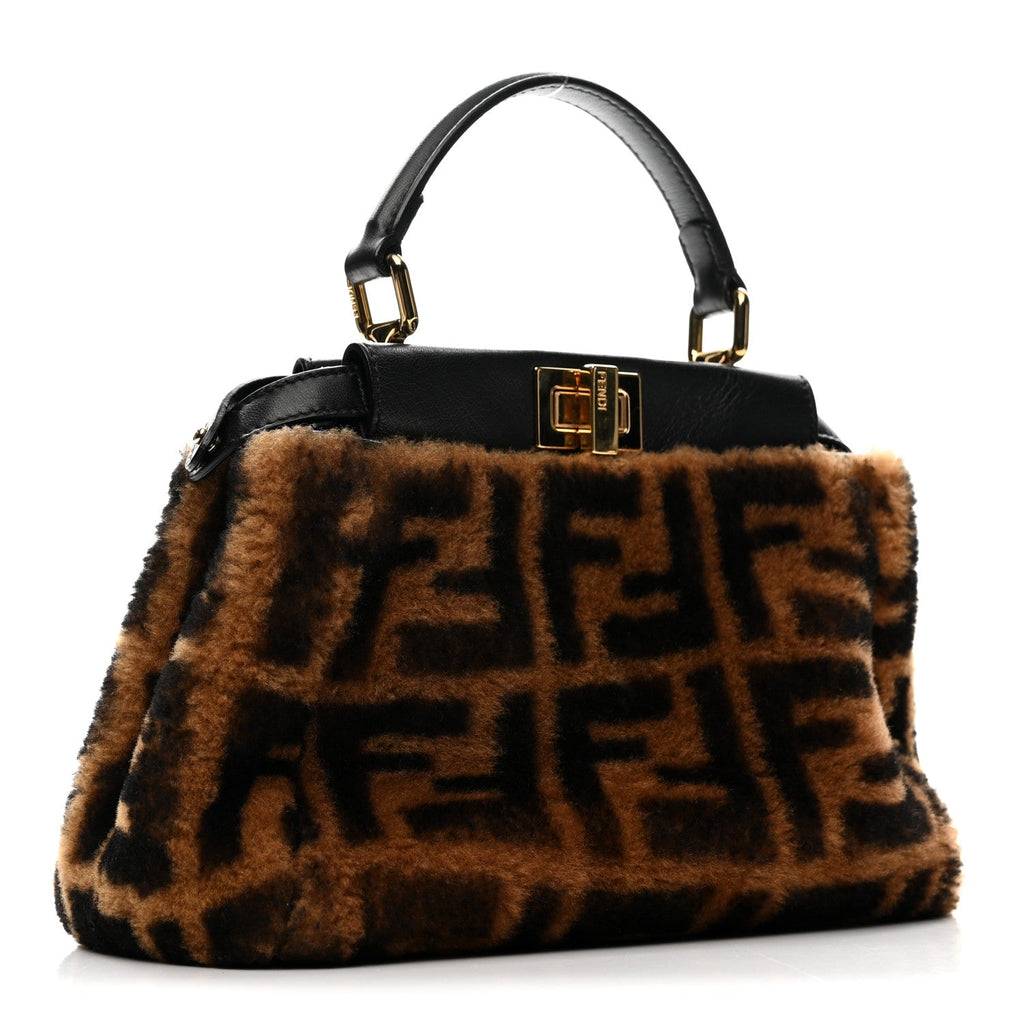 Shearling Nappa Macro FF 1974 Mini Peekaboo Iconic Satchel Tobacco Black