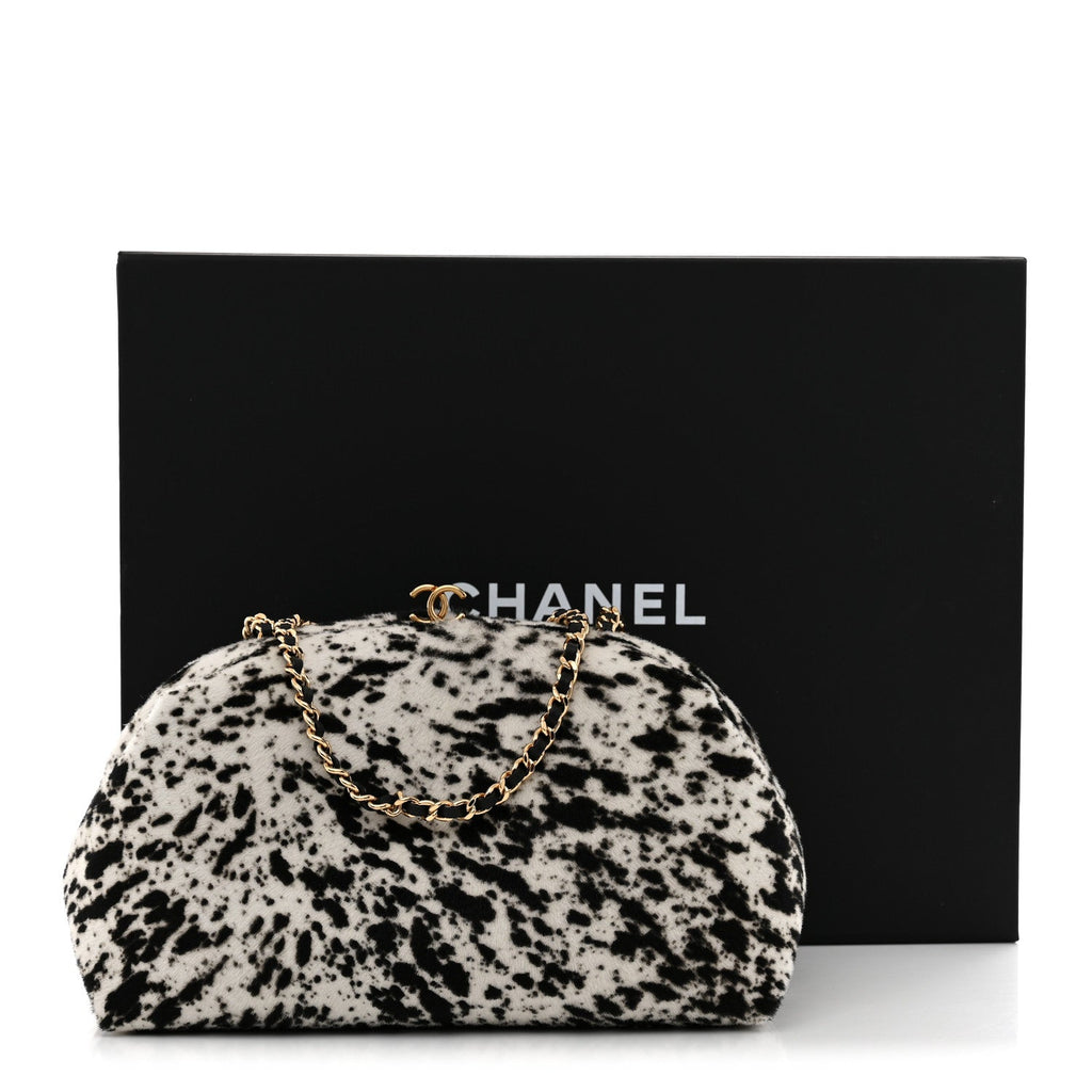 Lambskin Pony Hair Printed Clutch With Chain Black White
