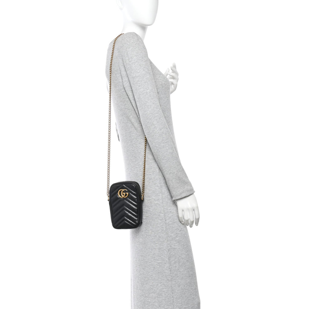 Calfskin Matelasse Mini GG Marmont Crossbody Bag Black