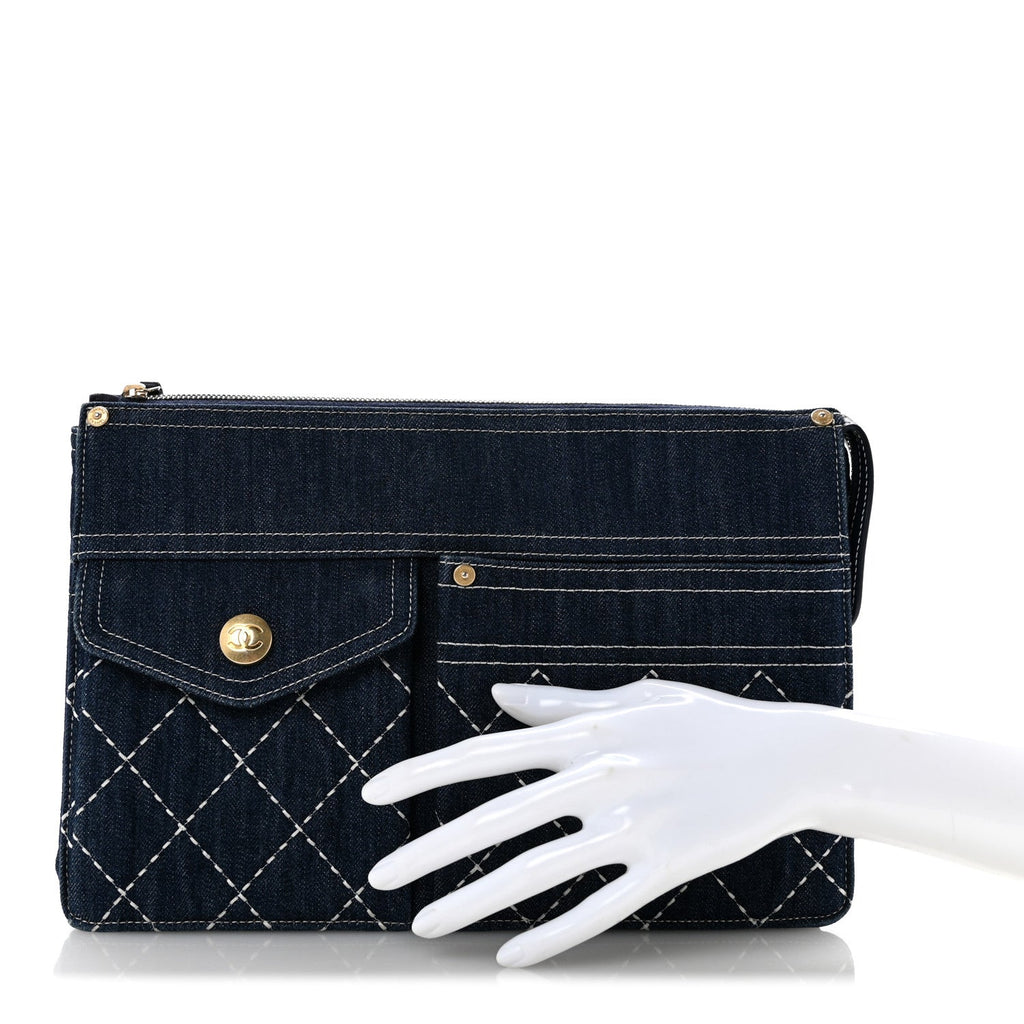 Denim Quilted Zipped Clutch Blue