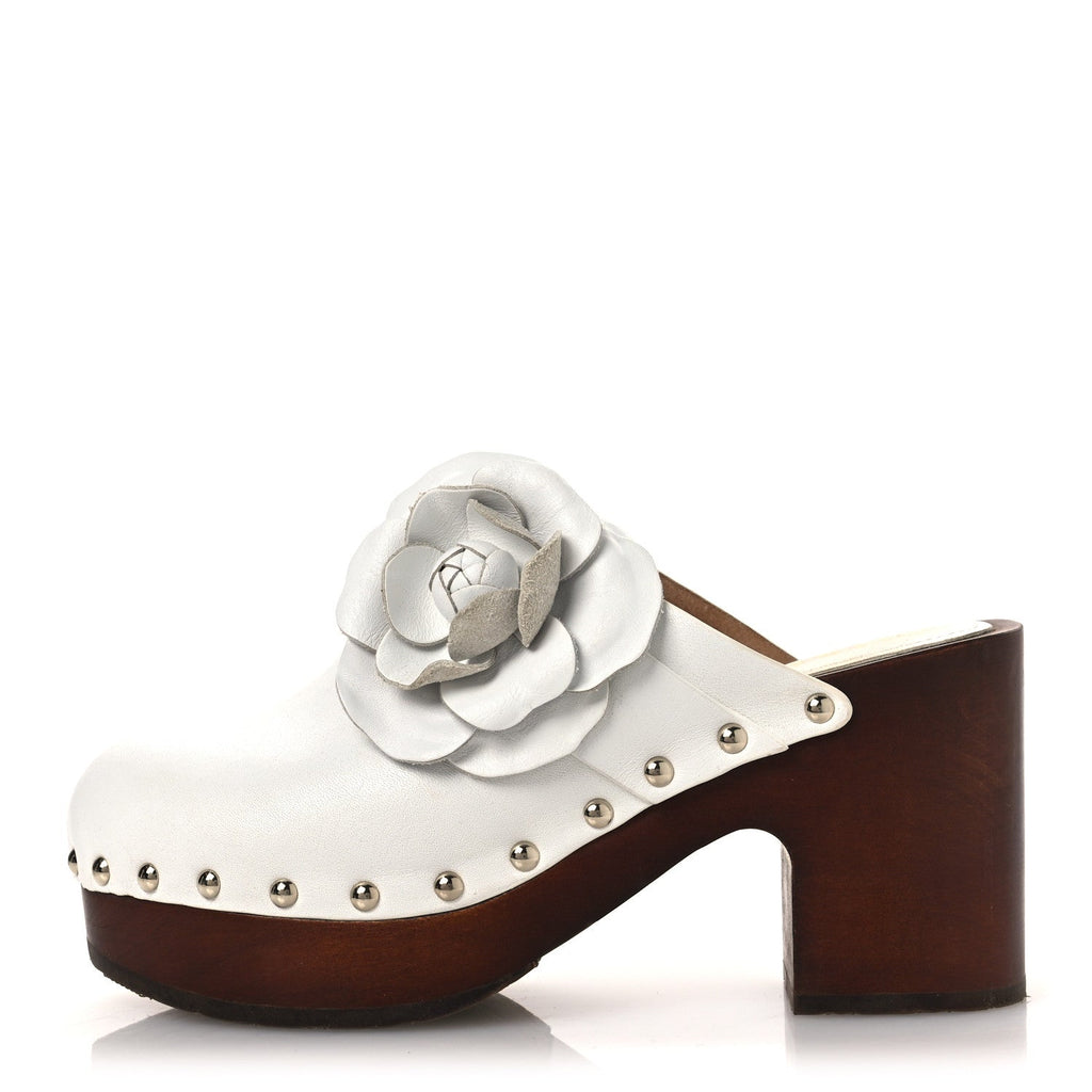 Calfskin Camellia Clogs 35 White
