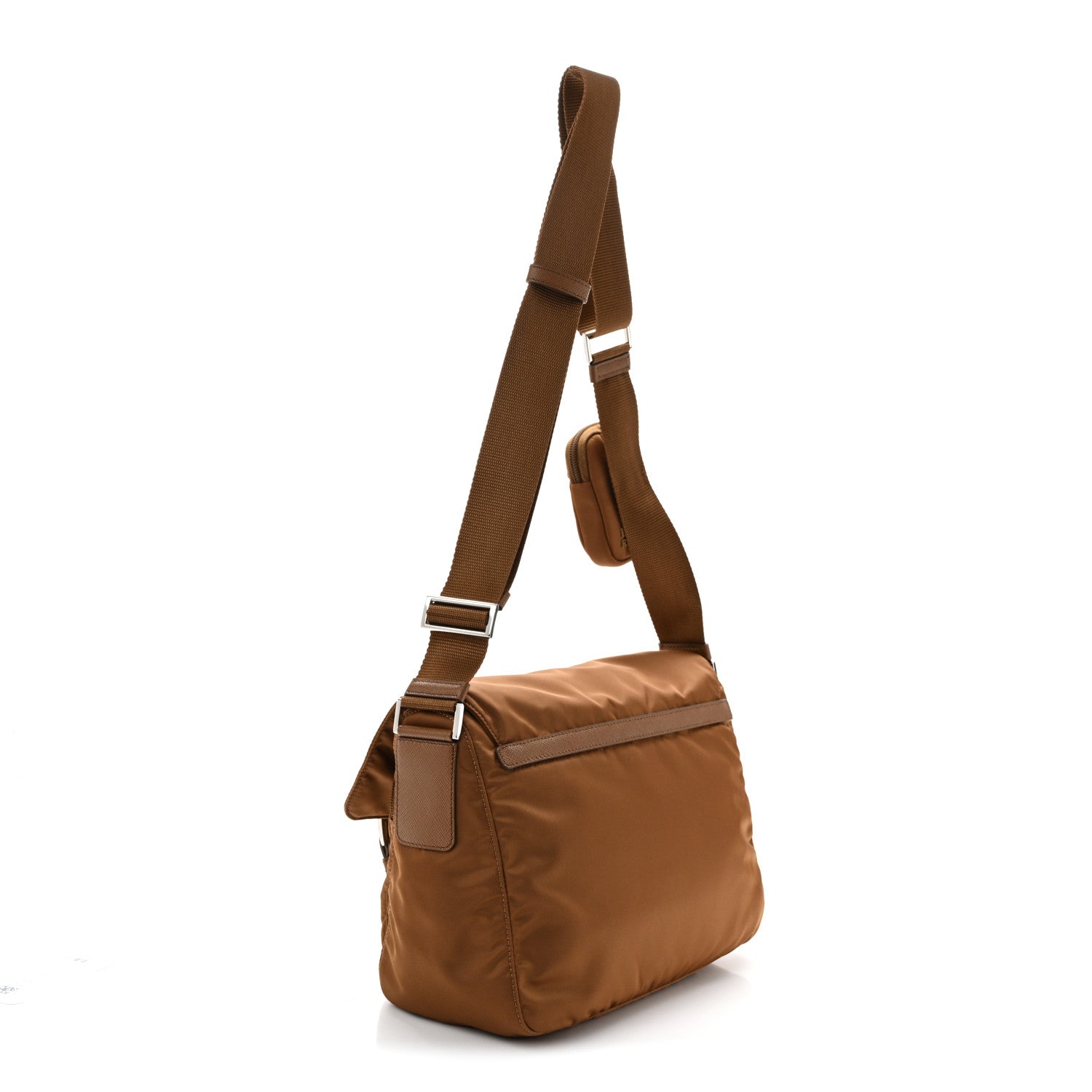 Re-Nylon Vela Saffiano Pocket Double Buckle Messenger Shoulder Bag Brandy