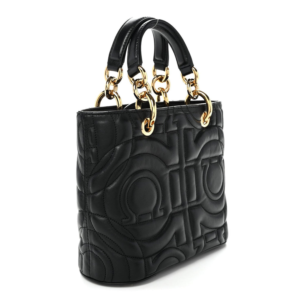 Calfskin Embossed Logo Plaque Gancini Tote Black