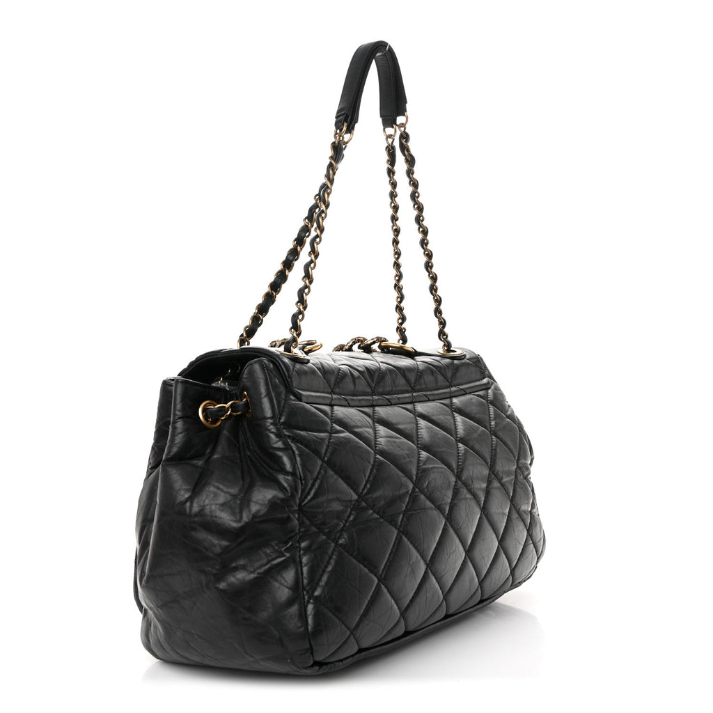 Aged Calfskin Quilted Large Pondichery Flap Black
