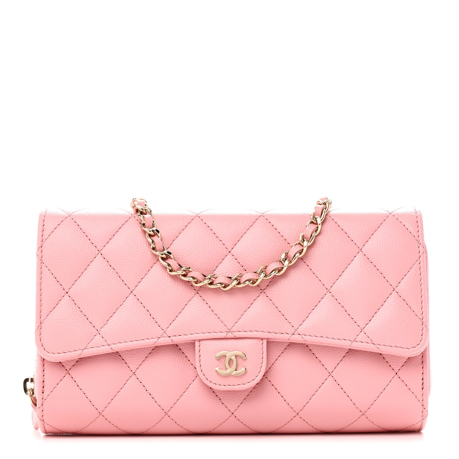 Caviar Quilted Phone Holder Wallet on Removable Chain Pink