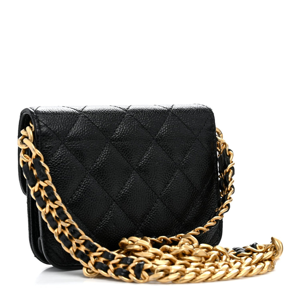 Shiny Caviar Quilted Chain Melody Card Holder On Chain Black