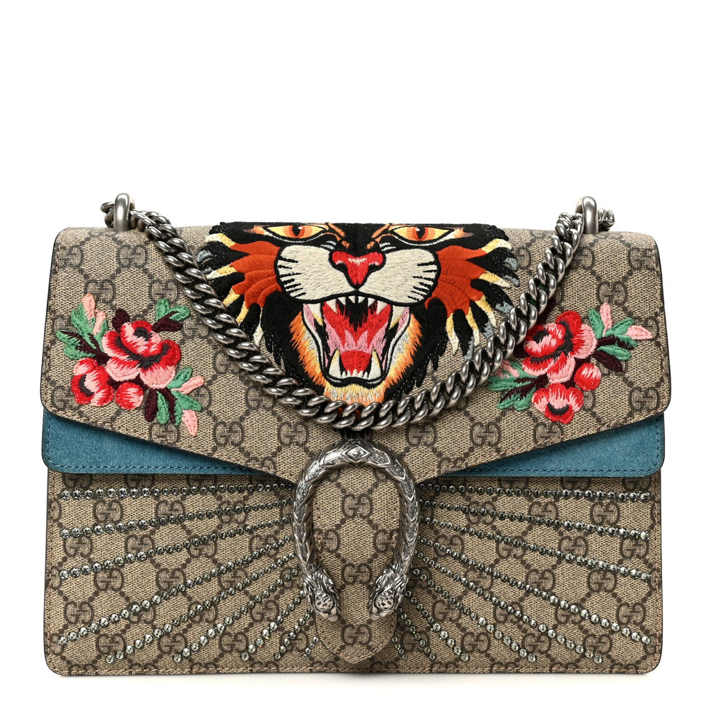 GG Supreme Monogram Angry Cat Embroidered Medium Dionysus Shoulder Bag Beige Ultramarine