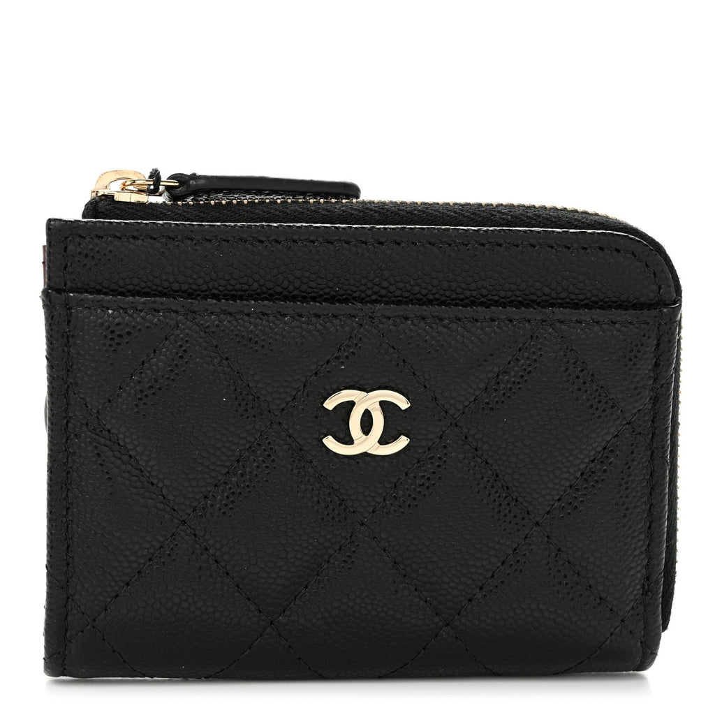 Caviar Quilted Flap Zip Card Holder Black