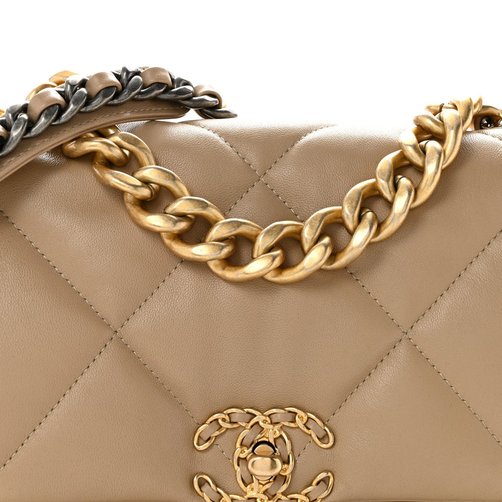 Lambskin Quilted Large Chanel 19 Flap Dark Beige
