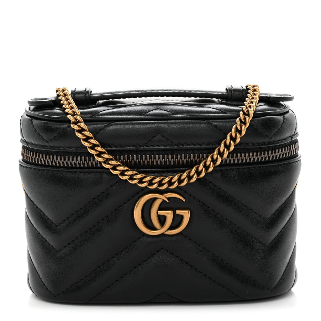 Calfskin Matelasse Chevron Mini GG Marmont Top Handle Bag Black