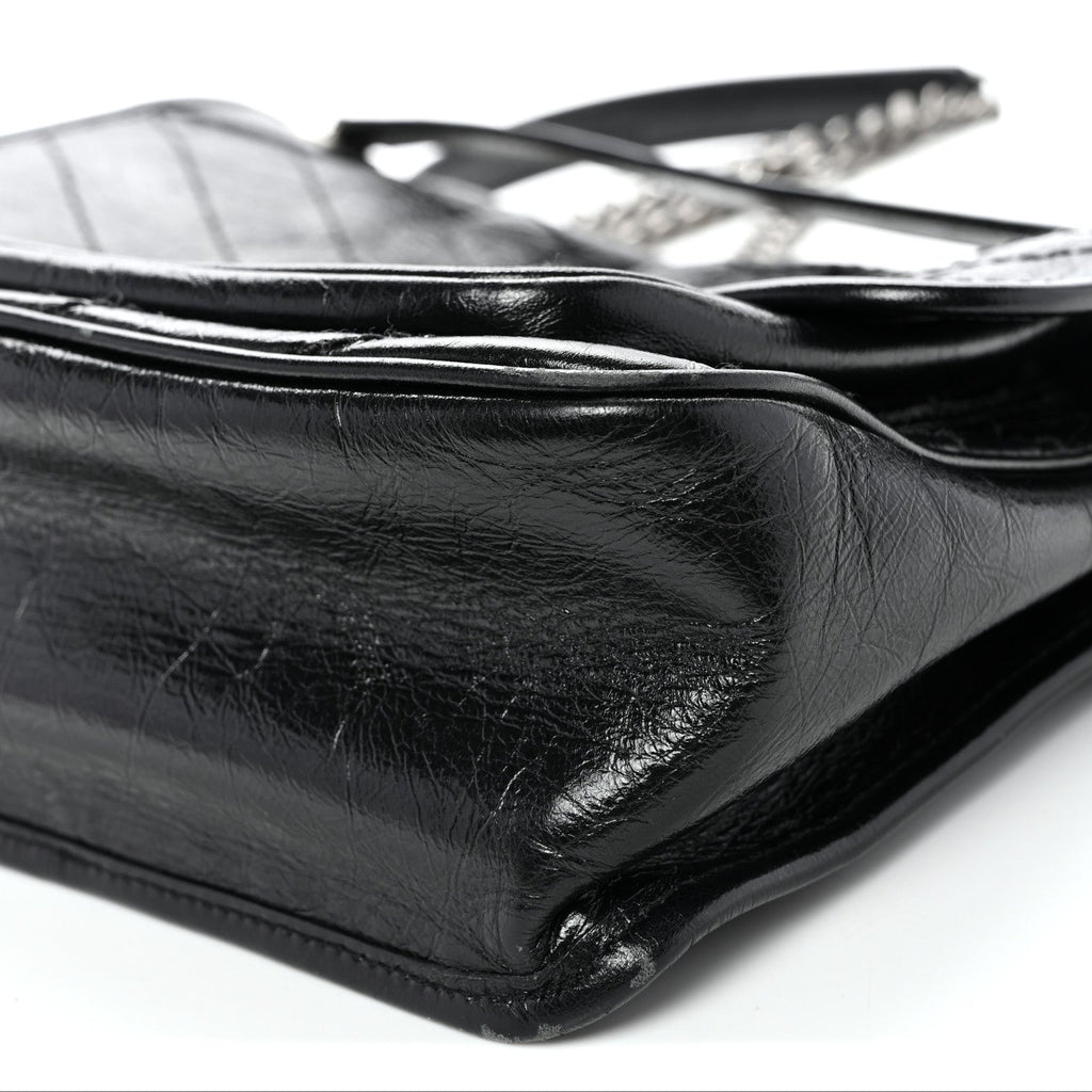 Crinkled Calfskin Matelasse Monogram Medium Niki Chain Satchel Black