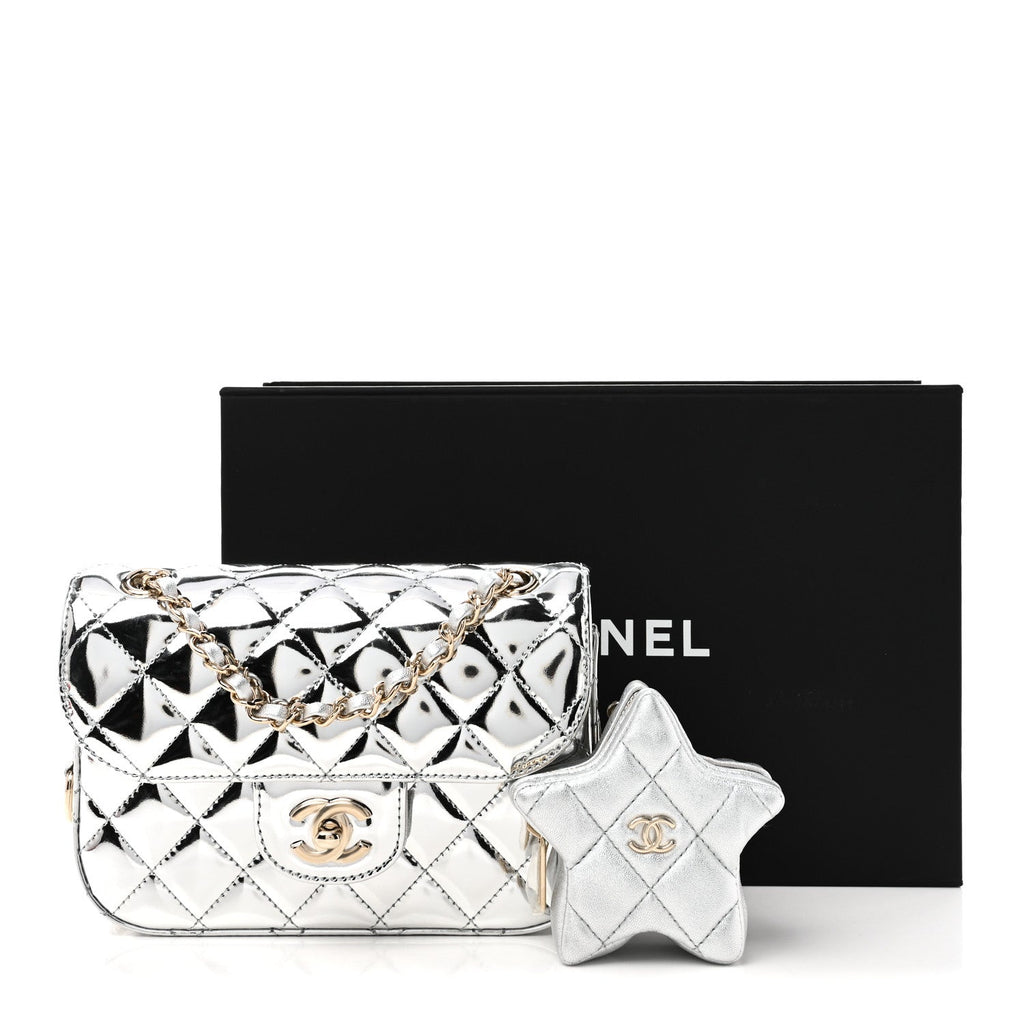 Mirror Calfskin Metallic Calfskin Quilted Hollywood Boulevard Mini Flap With Star Coin Purse Silver