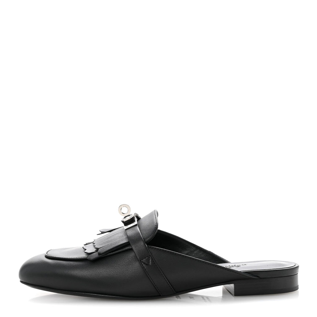 Calfskin Fringe Oz Mules 38.5 Black