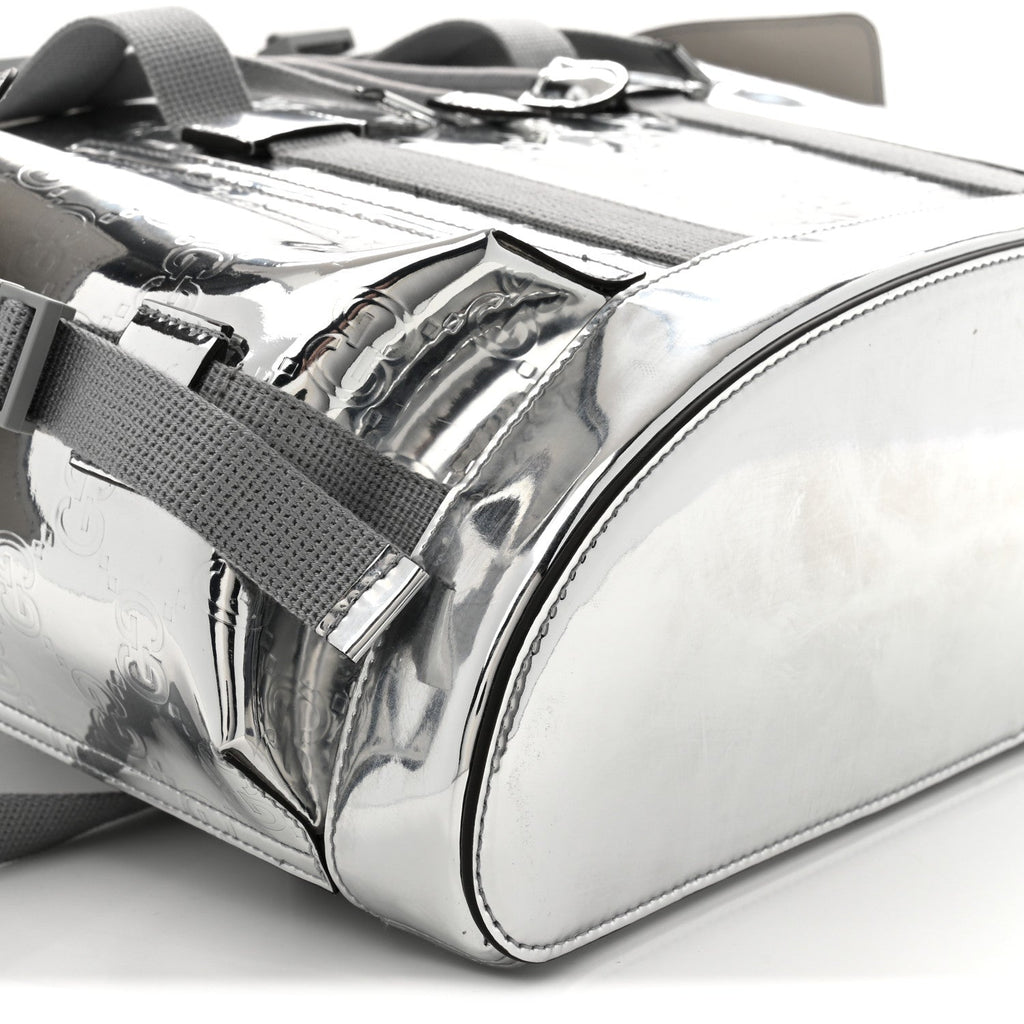 Mirror Effect GG Monogram Appia Calfskin Web Double Buckle Backpack Silver