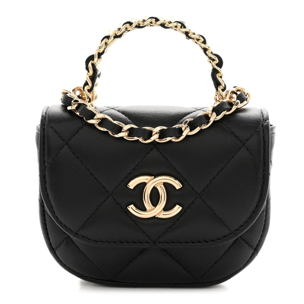 Lambskin Quilted Pearl Top Handle Clutch With Chain Black