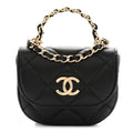 Lambskin Quilted Pearl Top Handle Clutch With Chain Black