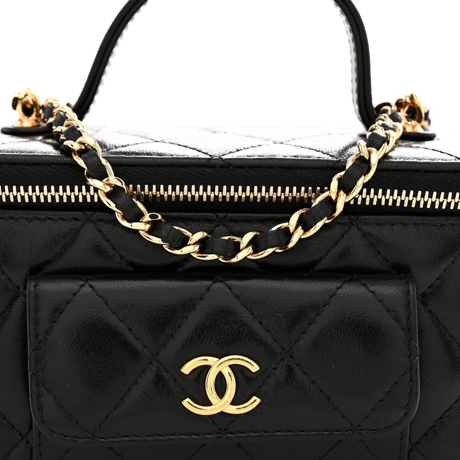 Lambskin Quilted Polly Pocket East West Top Vanity With Chain Black