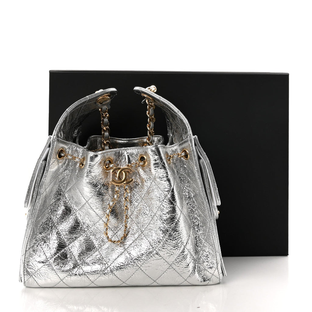 Metallic Aged Calfskin Quilted Small Chanel 25 Handbag Silvery