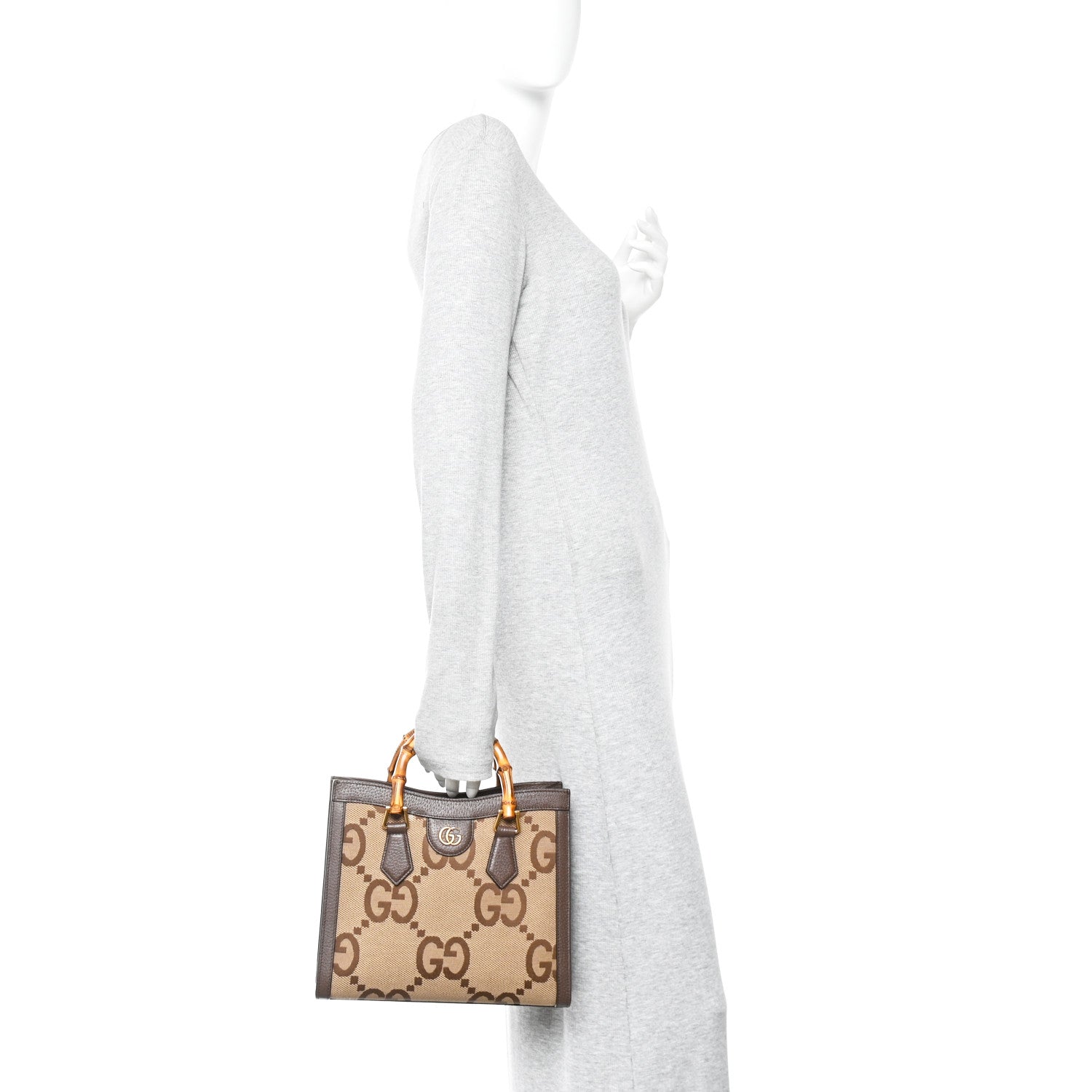 Monogram Jumbo GG Textured Dollar Calfskin Small Diana Tote Bag Camel Ebony New Acero