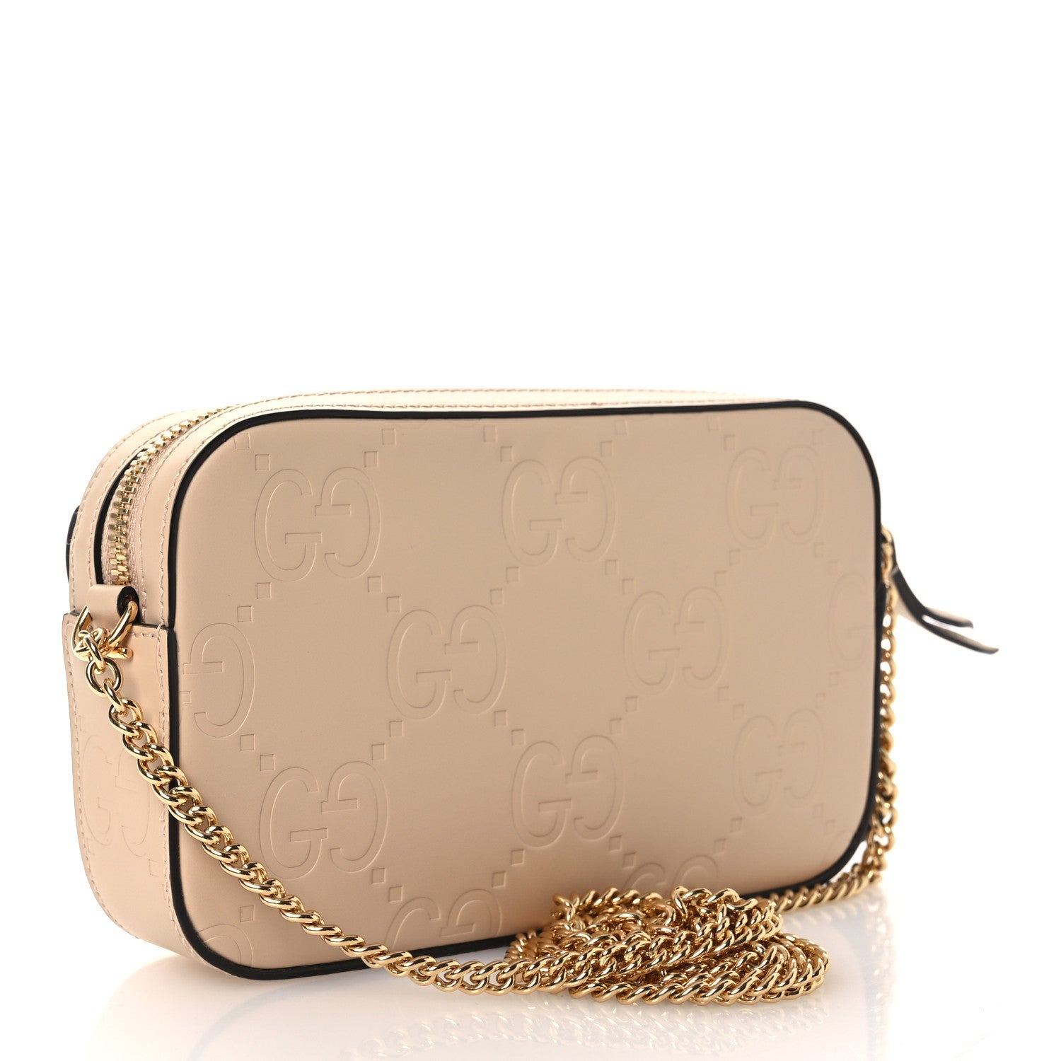 Calfskin GG Super Mini Debossed Chain Wallet Light Beige