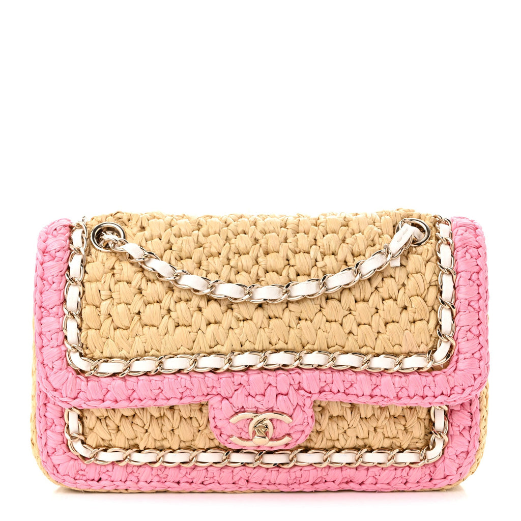 Raffia Chain Venice Beach Flap Bag Beige Pink