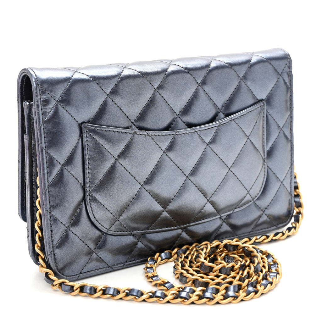 Metallic Calfskin Quilted Wallet On Chain WOC Navy Blue