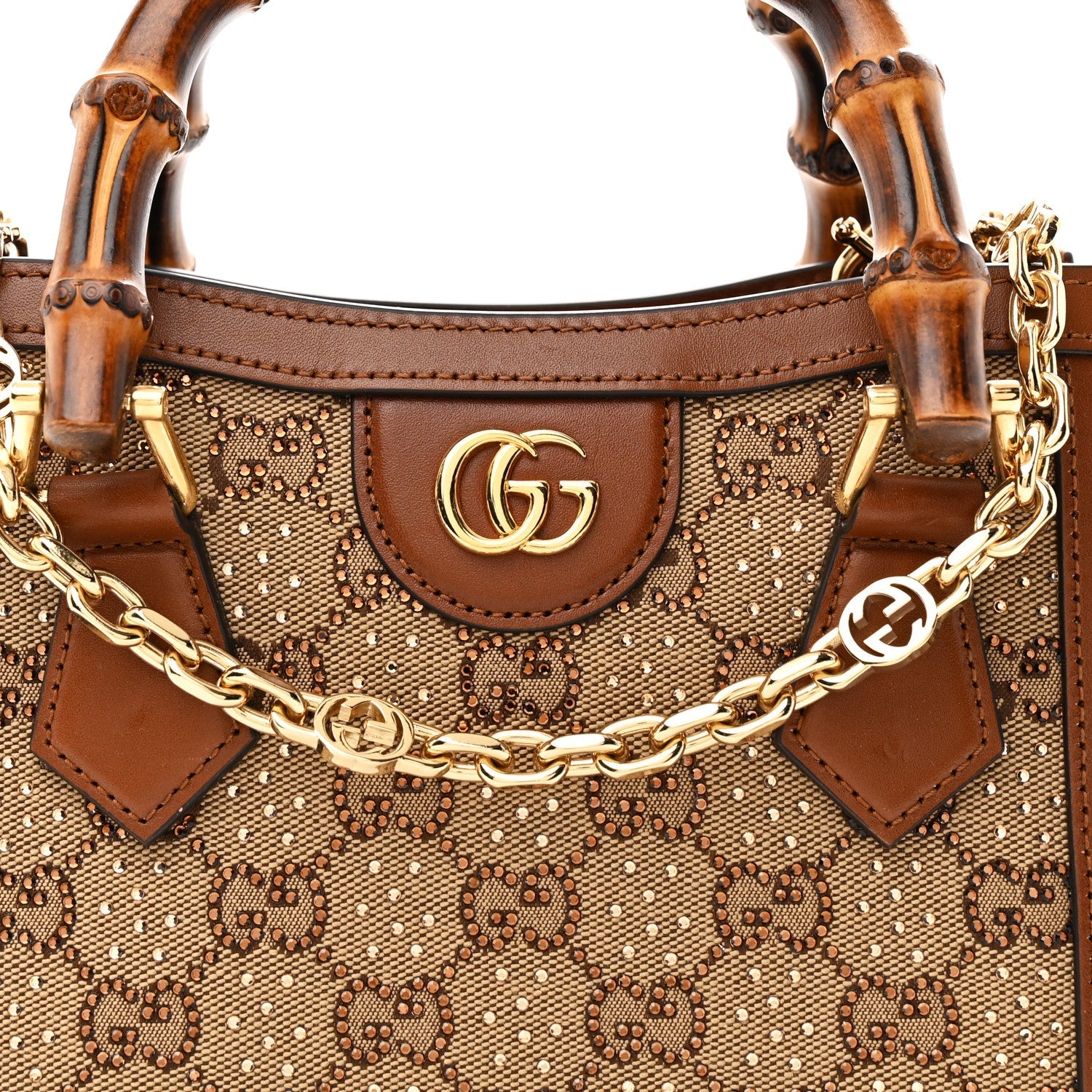 New Canvas Charisma Calfskin Crystal GG Monogram Mini Diana Tote Bag Camel Ebony