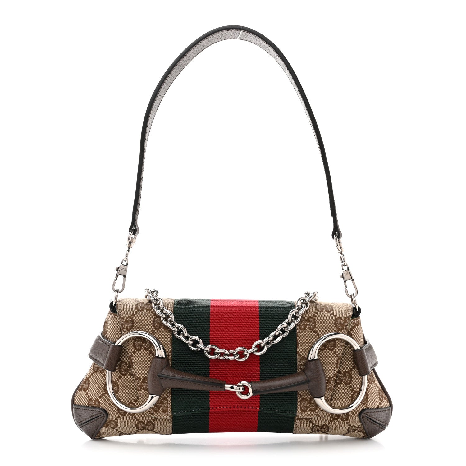 Monogram Textured Dollar Calfskin Heavy Grosgrain Web Small Maxi Horsebit Chain Shoulder Bag Beige Ebony New Acero