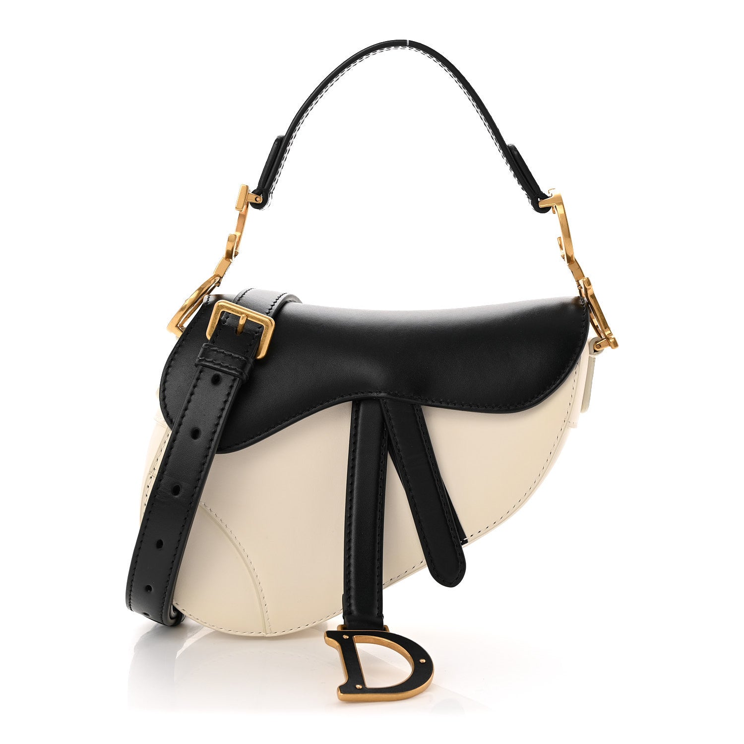 Supple Calfskin Two Tone Mini Saddle Bag With Strap Latte Black
