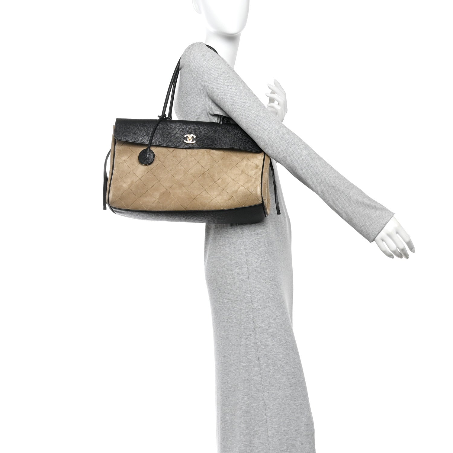 Grained Calfskin Suede Urban Essentials Large Shopping Bag Dark Beige Black Dark Beige Black