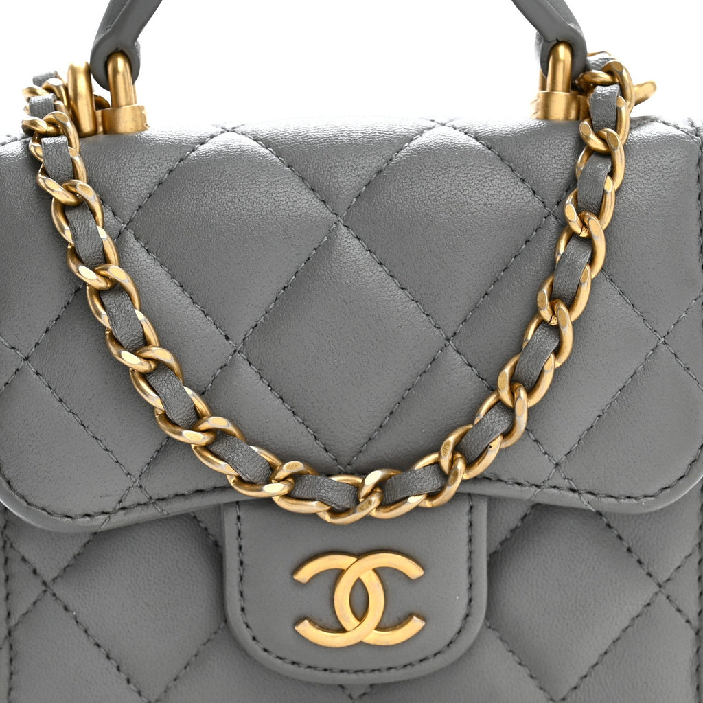 Lambskin Quilted Metal Top Handle Flap Clutch With Chain Grey