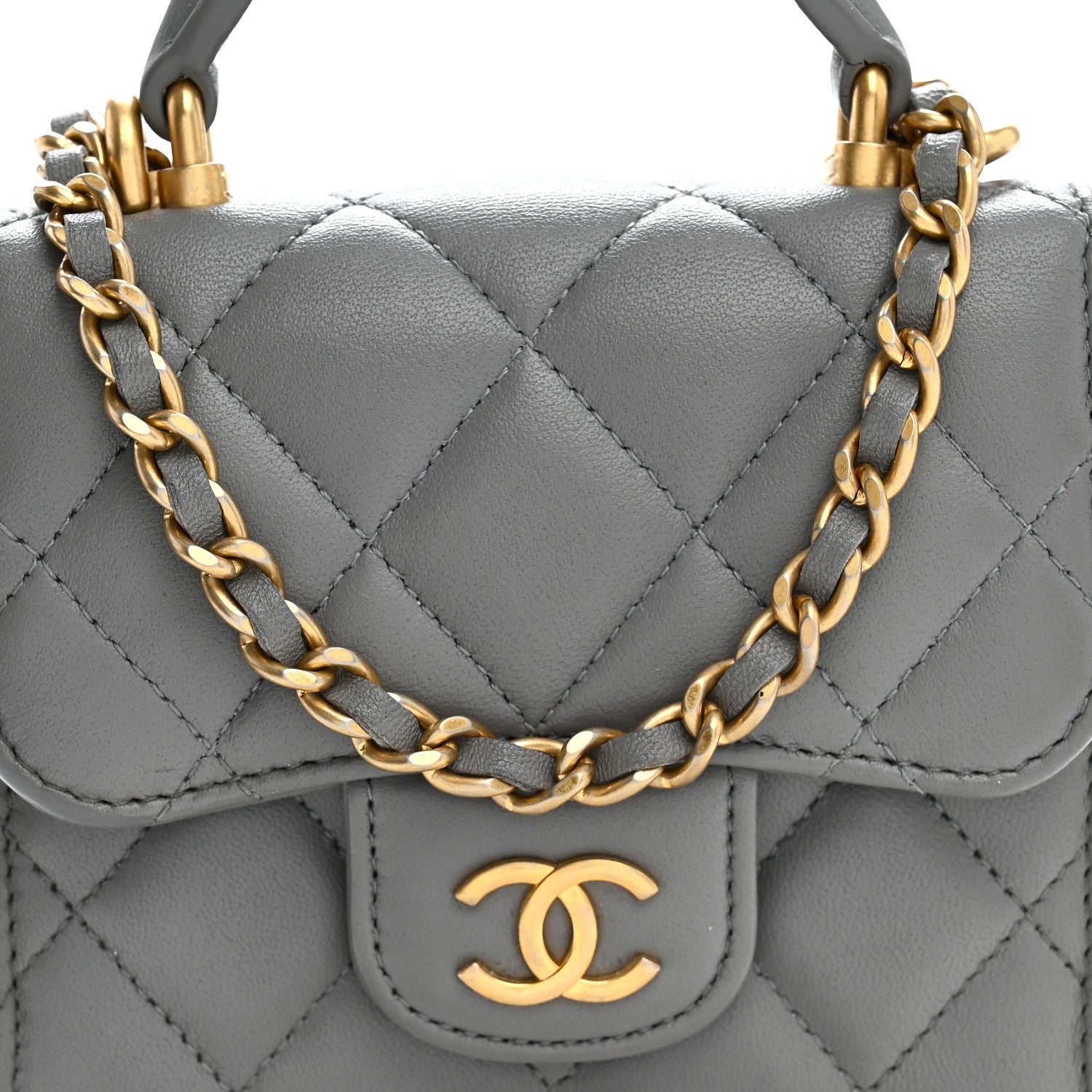 Lambskin Quilted Metal Top Handle Flap Clutch With Chain Grey
