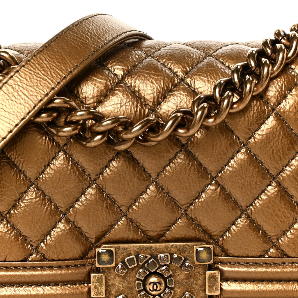 Metallic Crumpled Calfskin Quilted Gripoix Small Boy Flap Bronze