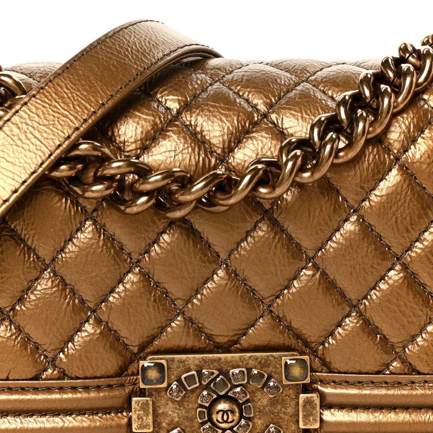 Metallic Crumpled Calfskin Quilted Gripoix Small Boy Flap Bronze