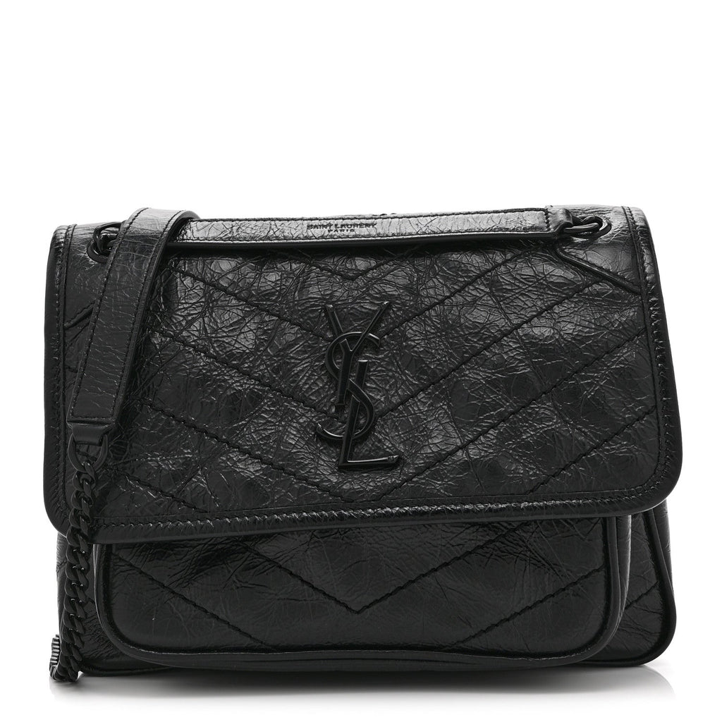 Crinkled Calfskin Matelasse Monogram Baby Niki Chain Satchel Black