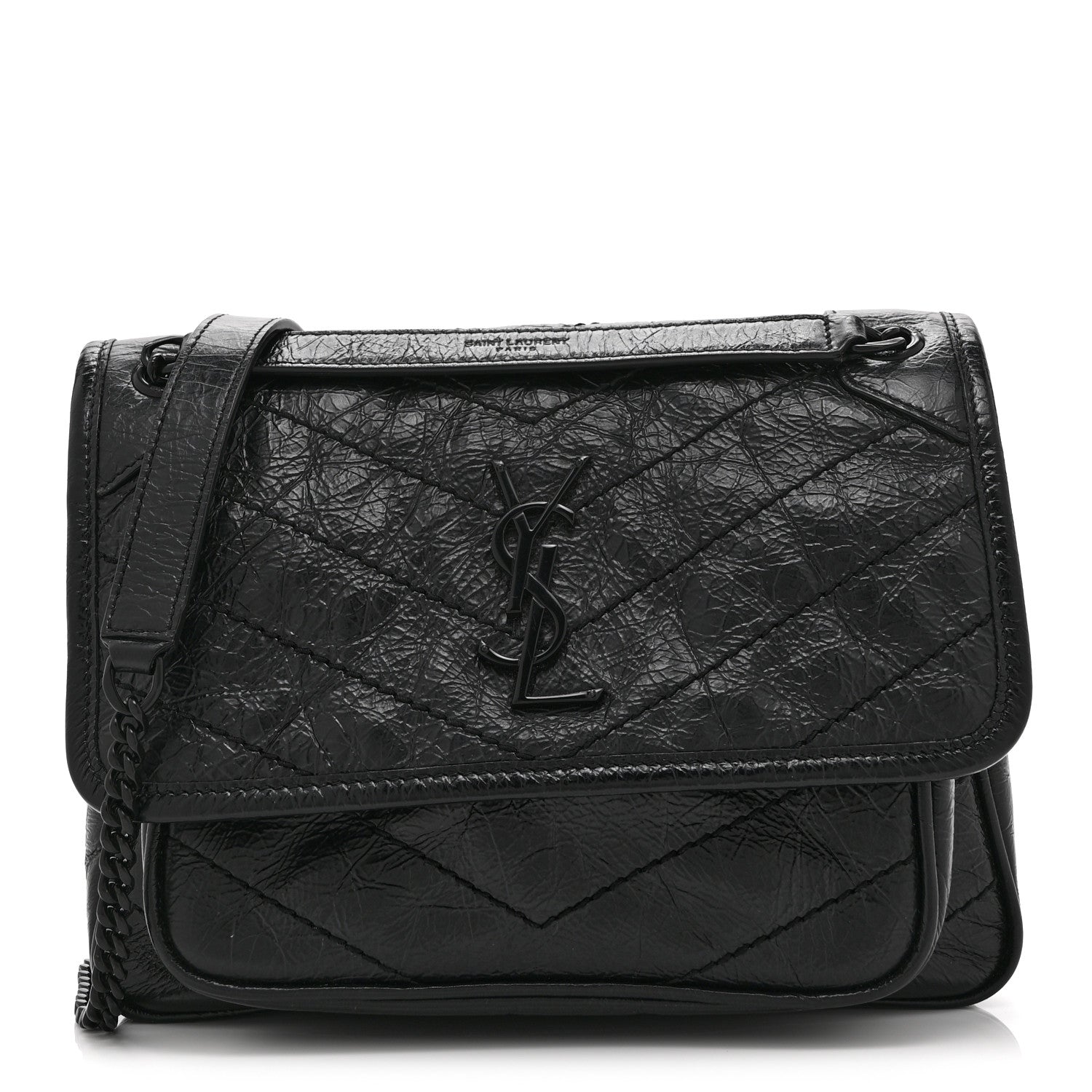 Crinkled Calfskin Matelasse Monogram Baby Niki Chain Satchel Black