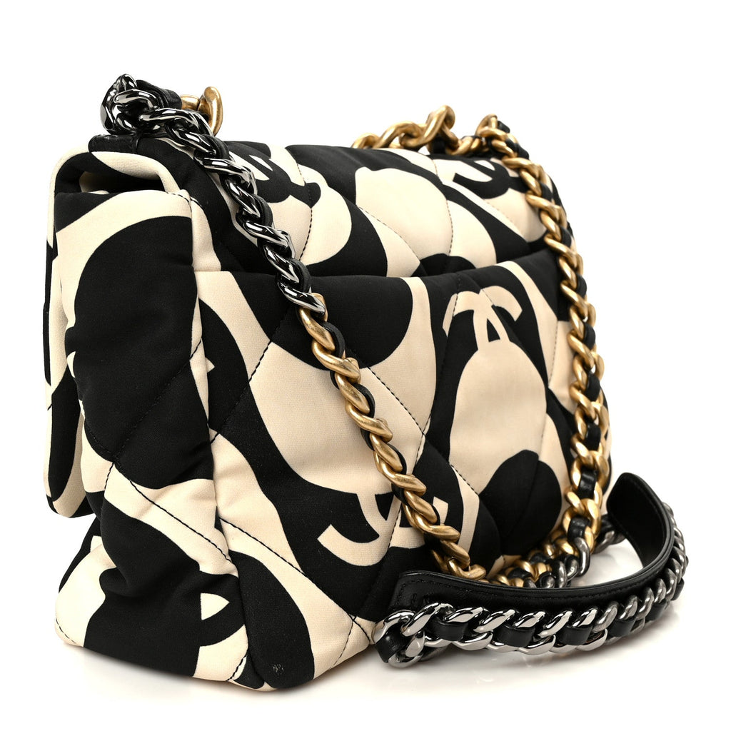 Fabric Printed Large Chanel 19 Flap Black Ecru