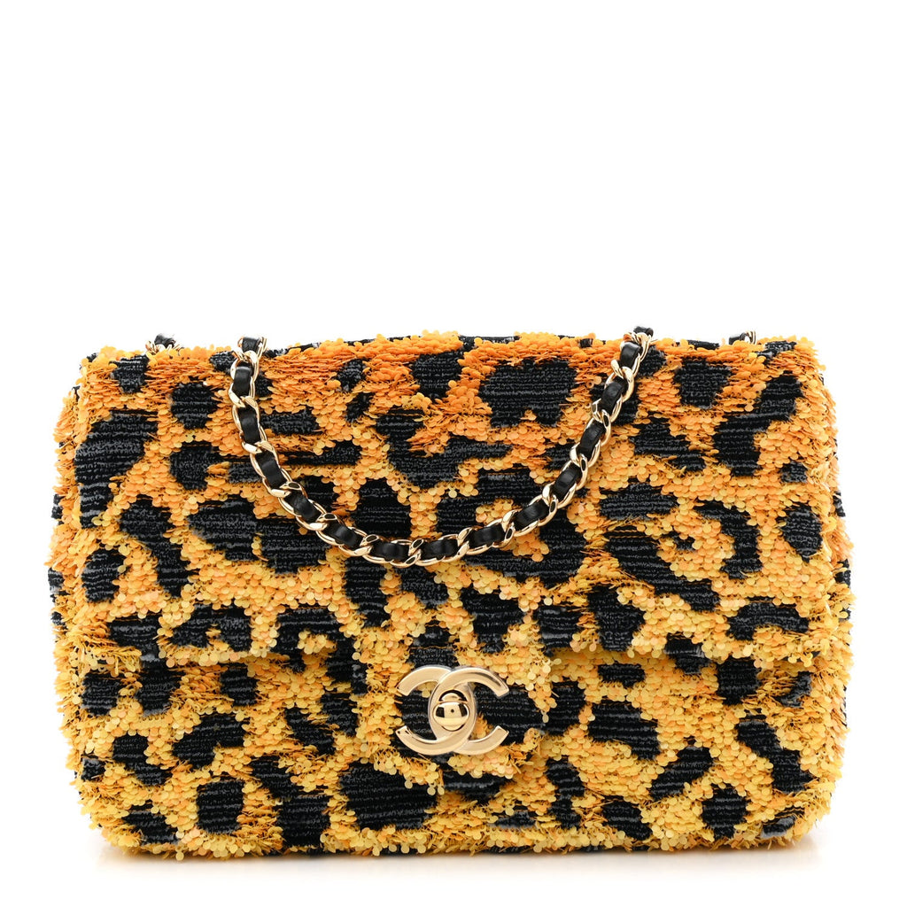 Sequin Mixed Fibers Leopard Print Mini Rectangular Flap Black Orange
