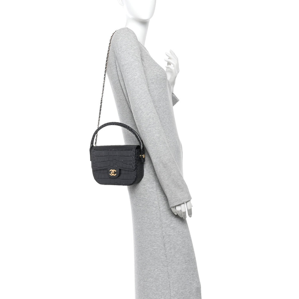 Calfskin Crocodile Embossed Turn Around Mini Flap Grey