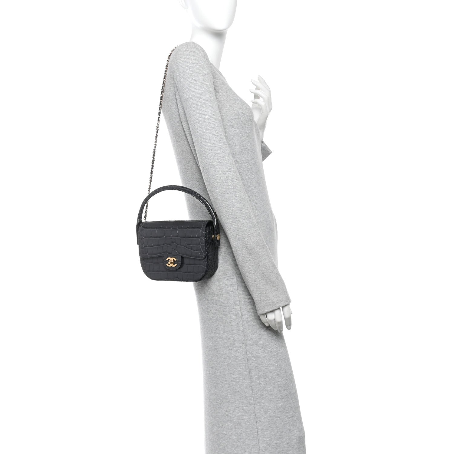 Calfskin Crocodile Embossed Turn Around Mini Flap Dark Grey